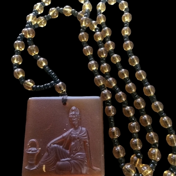 Cameo Amber Glass Pendant Beaded Prayer Beads Knot Necklace Jewelry Art Deco - Picture 4 of 10